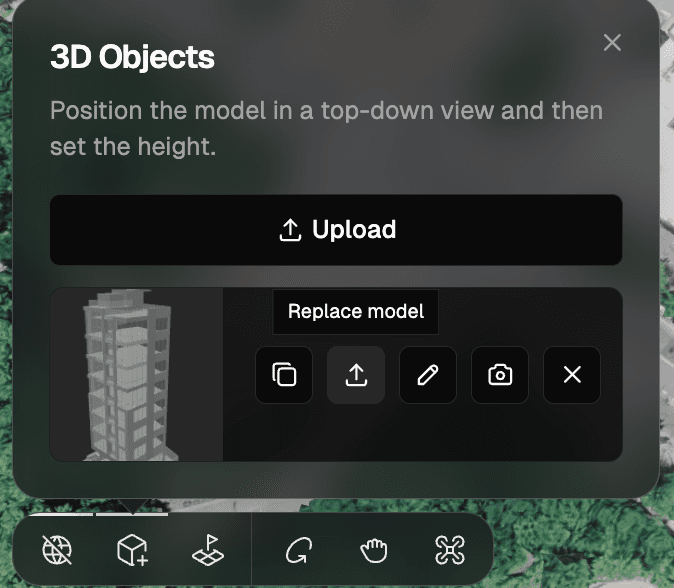 The 3D Objects panel — the upload icon (Replace model) swaps the file for every instance