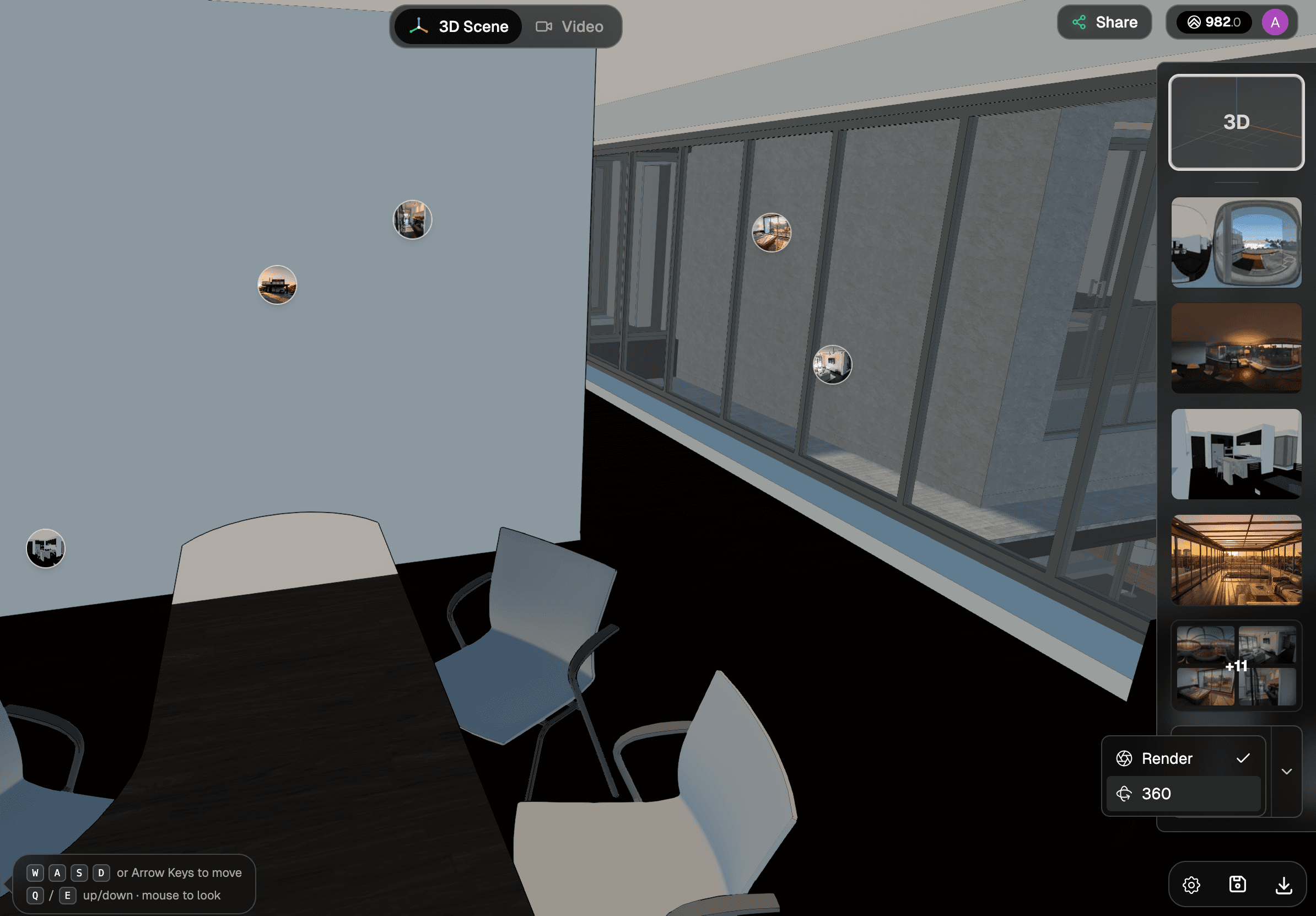 The Render / 360 split button with the 360 option in the menu