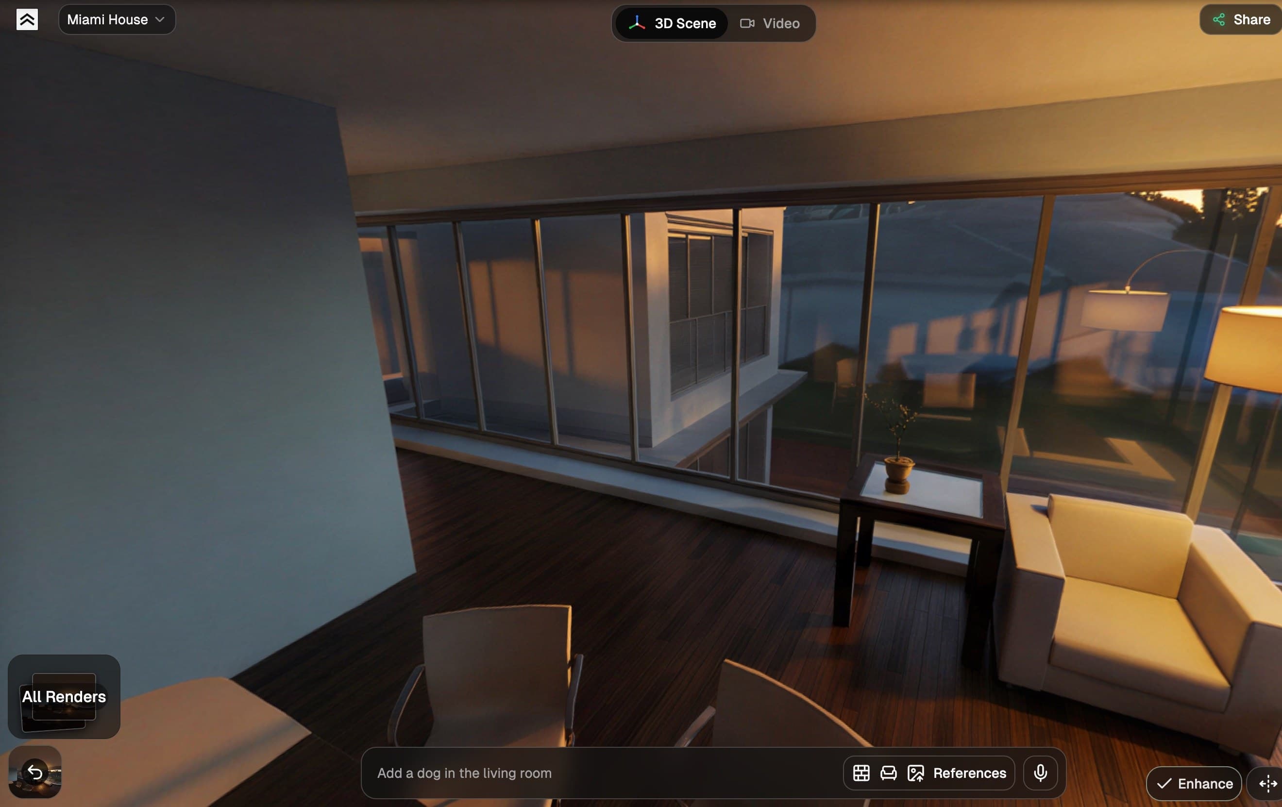 Exploring a finished 360 render inside the immersive viewer