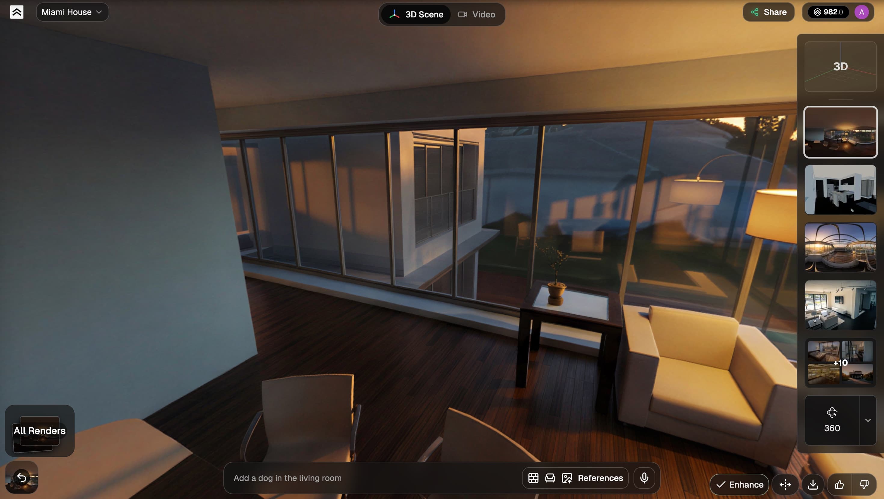 Exploring a finished 360 render inside the immersive viewer