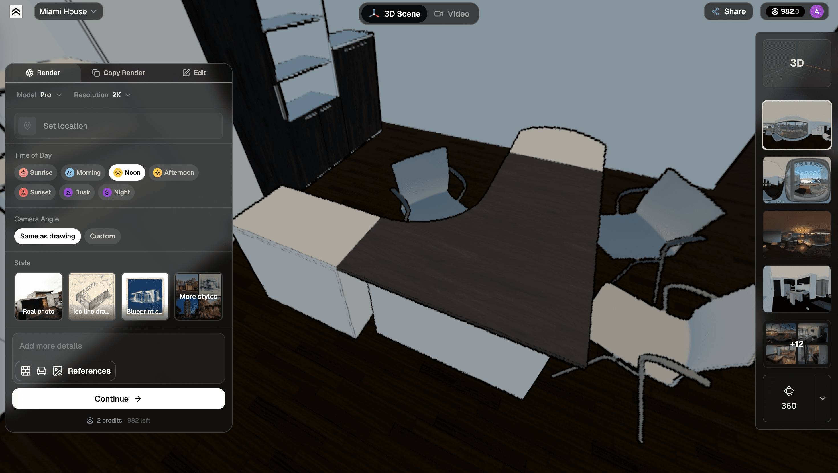 360 render settings — Time of Day, Camera Angle and Style