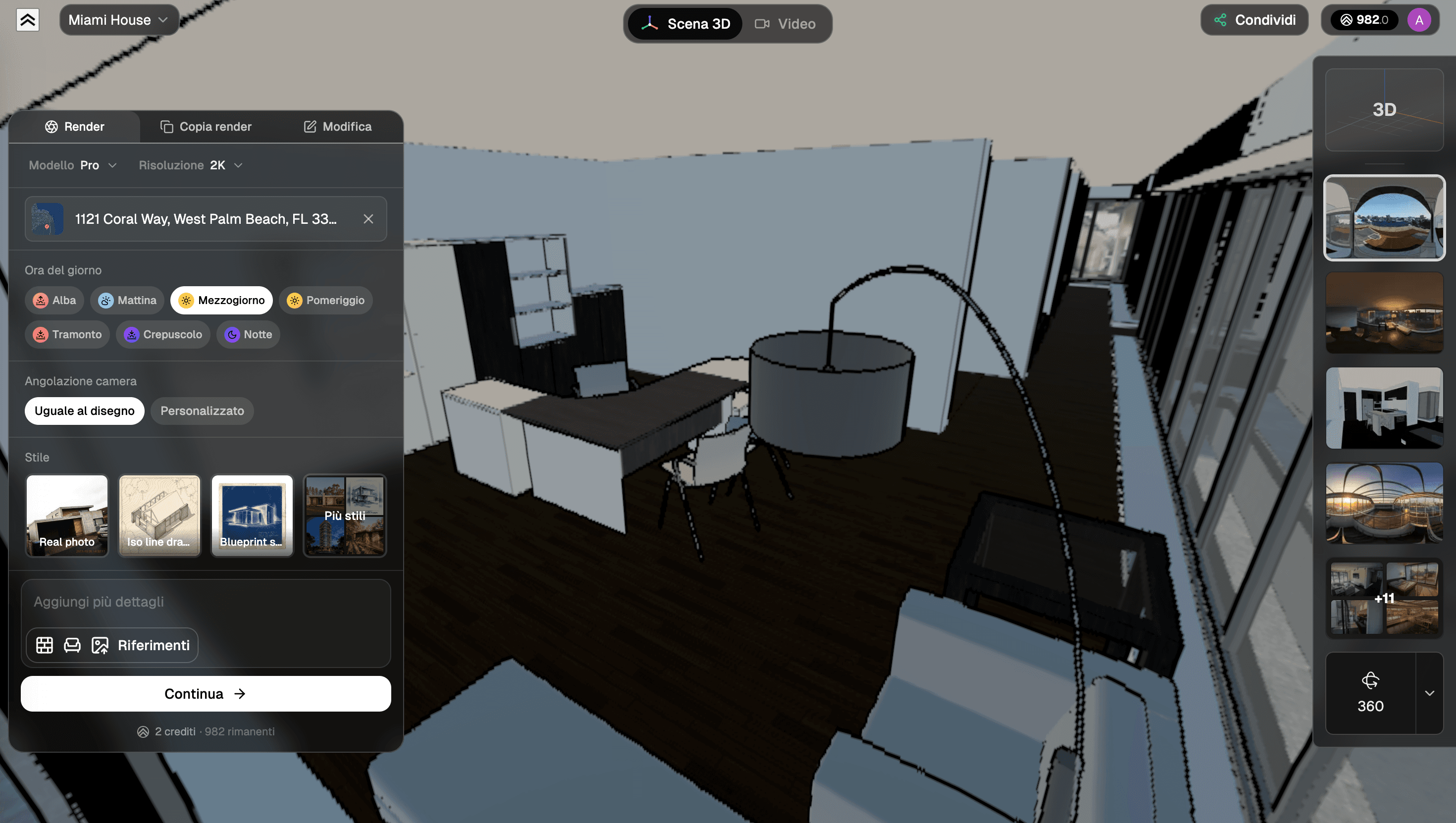 Impostazioni render 360 — Time of Day, Camera Angle e Style