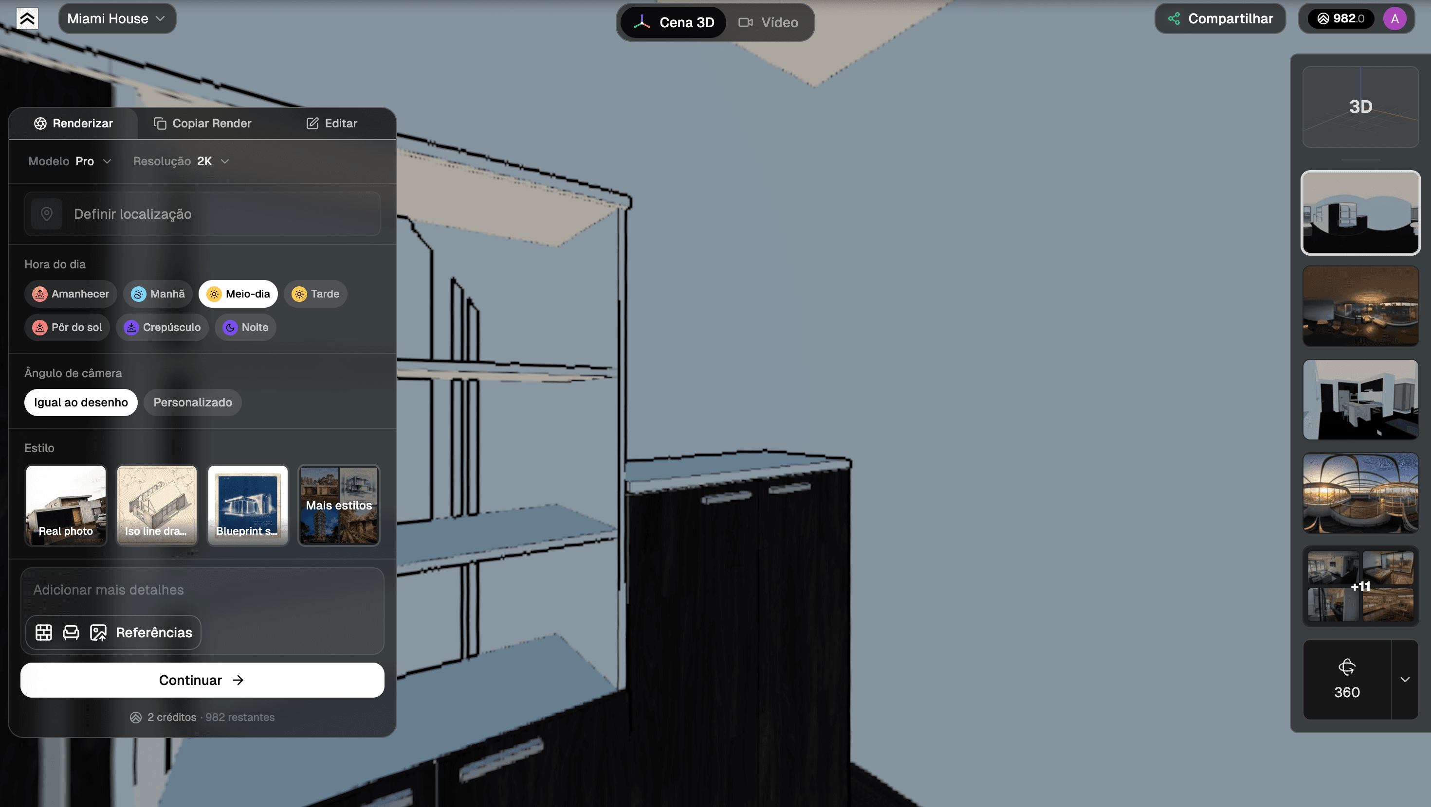 Ajustes de render 360 — Time of Day, Camera Angle e Style