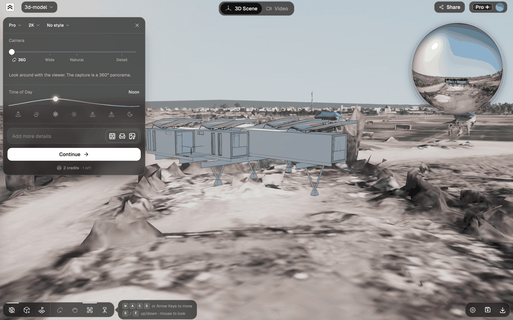 Shot setup with the 360 lens: the panel on the left and the panorama globe in the top-right corner