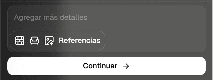 El campo "Agregar más detalles", con los accesos a Referencias y Continuar