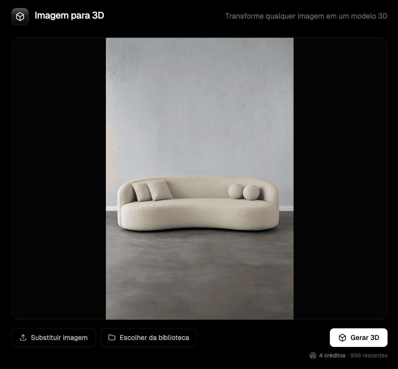 Imagem fonte de sofá carregada no fluxo Image to 3D