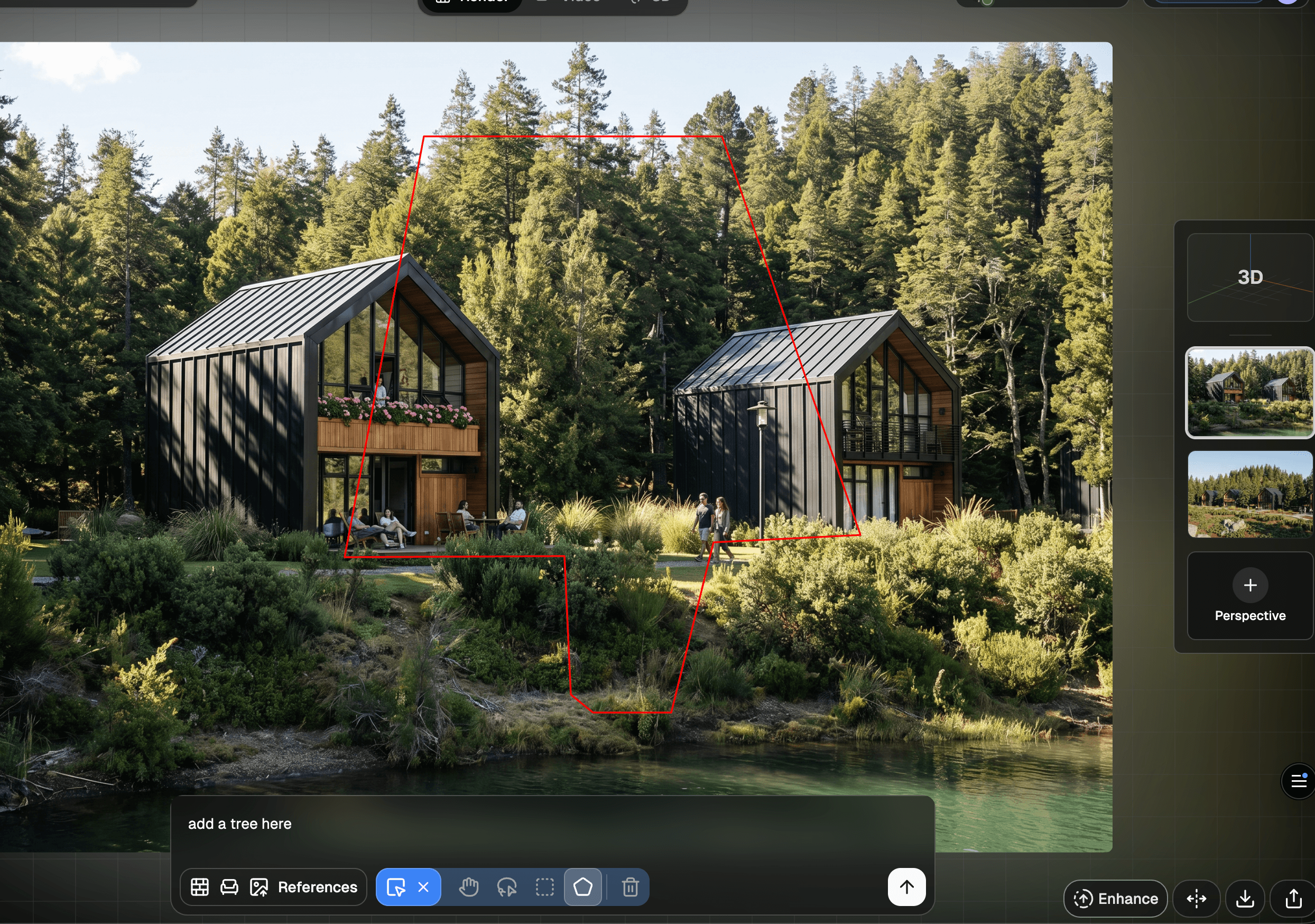 Render a House Select area tool with a red selection drawn around part of a render