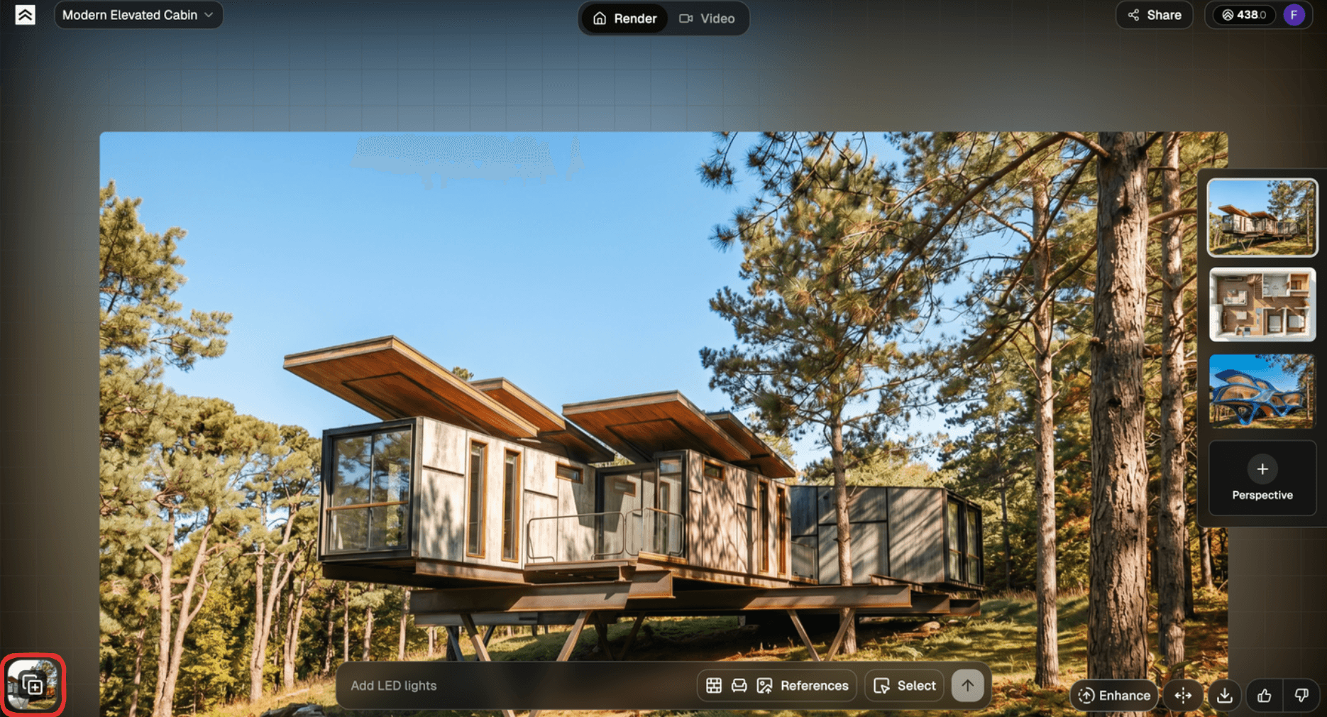 Render a House editor where the Compare control and render history help review an edit