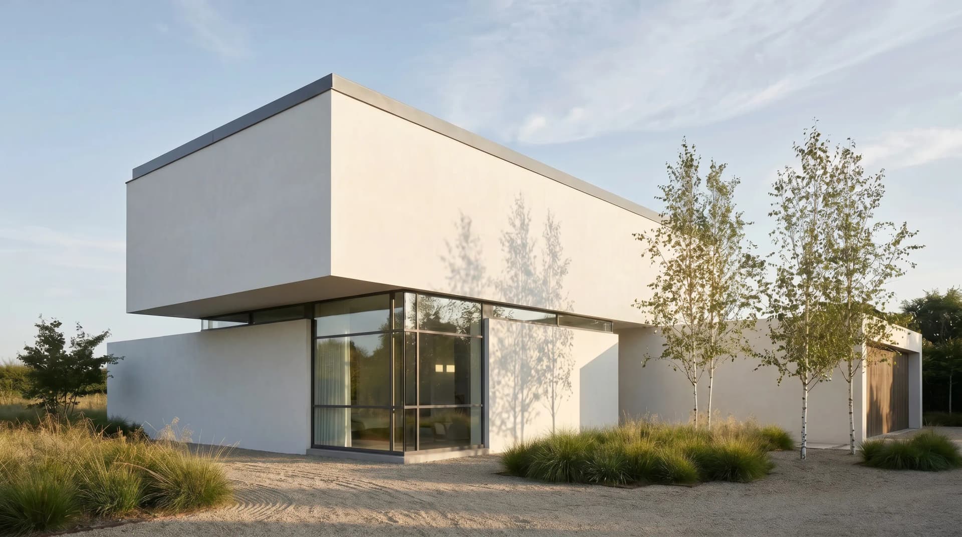 The same house with the facade changed to white render, same camera and light