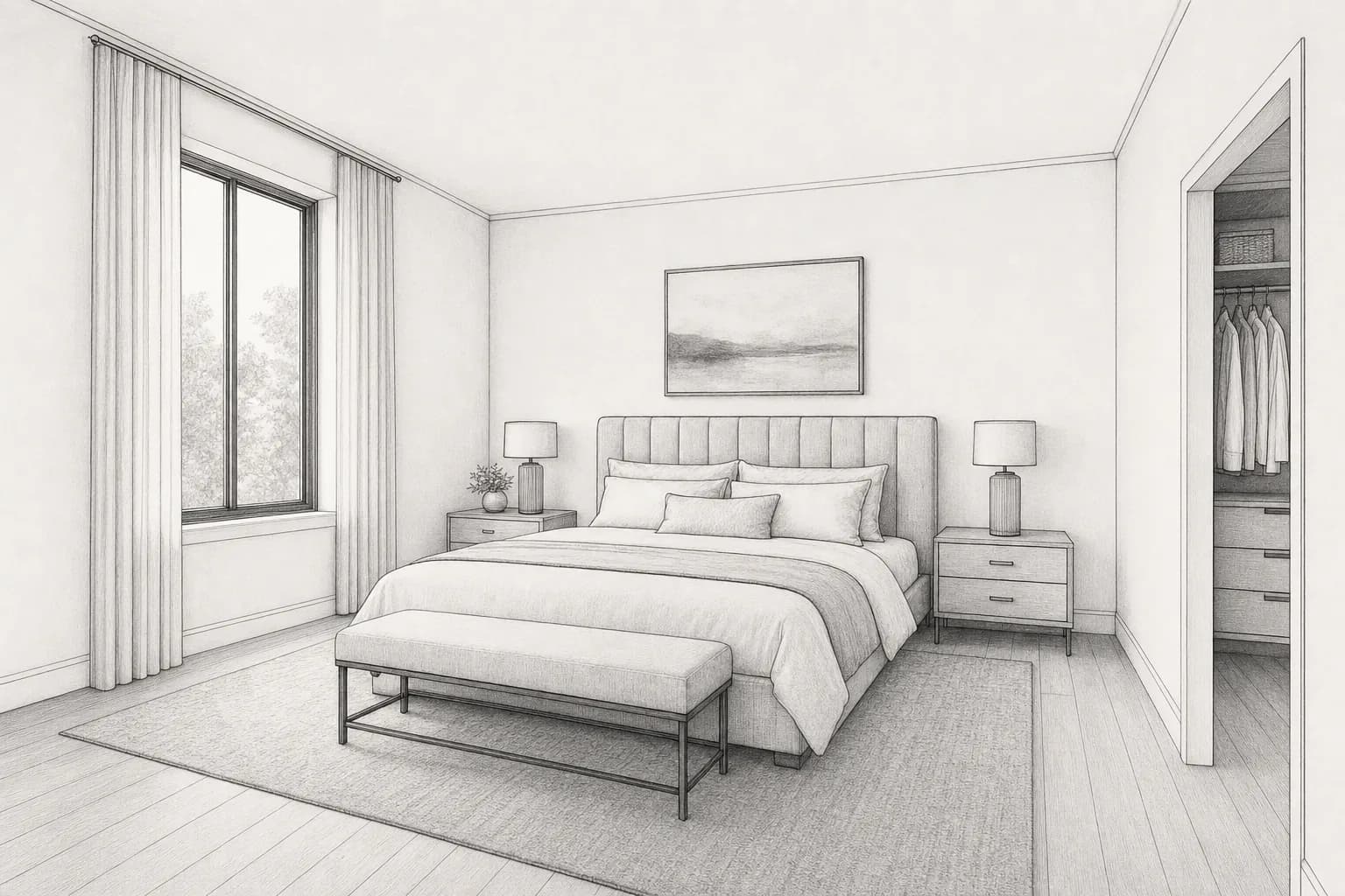 Bedroom line drawing with a bed, nightstands, bench, rug, window, and open wardrobe