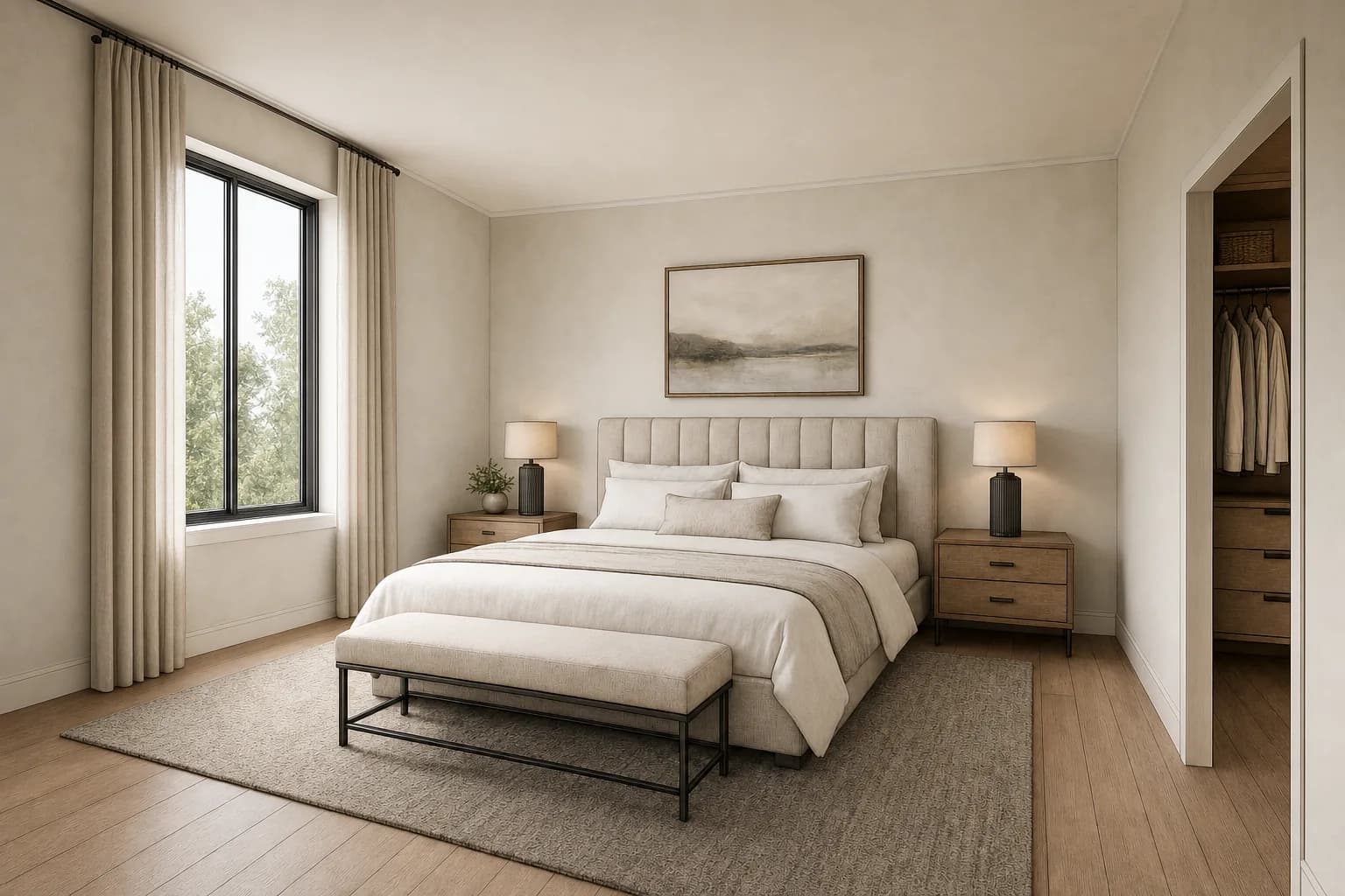 Warm neutral bedroom concept with an upholstered bed, oak furniture, and soft daylight