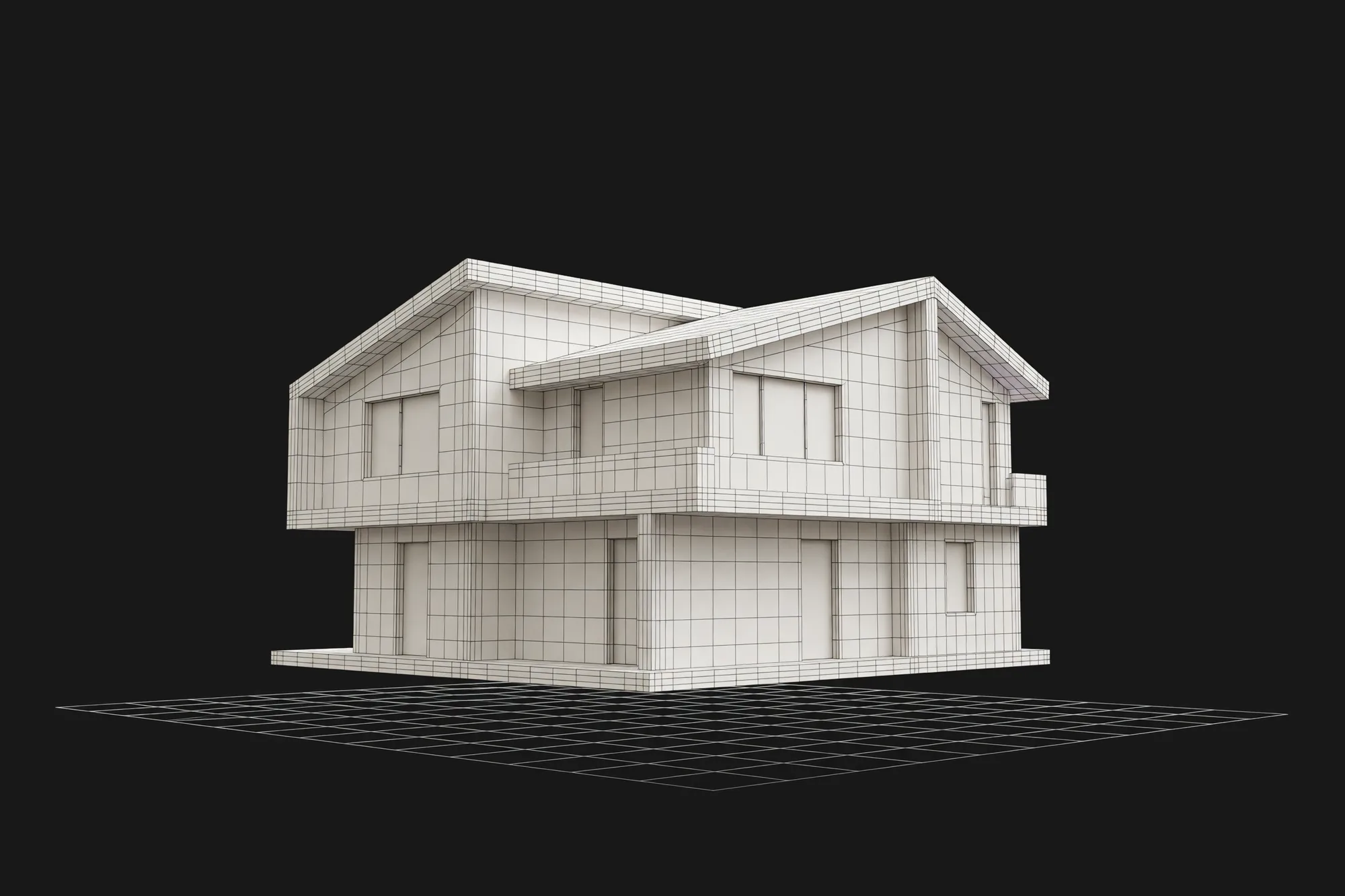 Modello GLB di una casa aperto in vista 3D sopra la griglia della scena