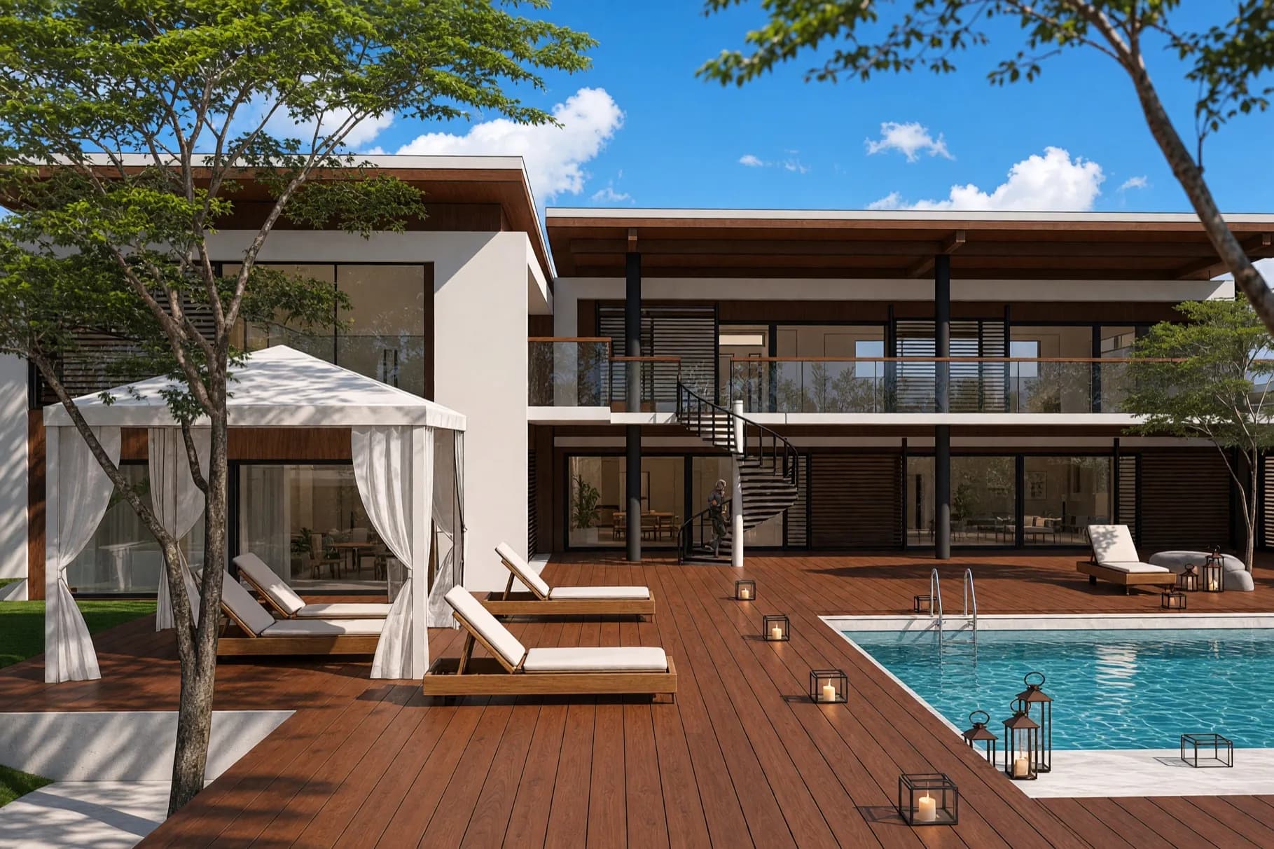 Render de la alberca con deck de madera y borde de piedra clara