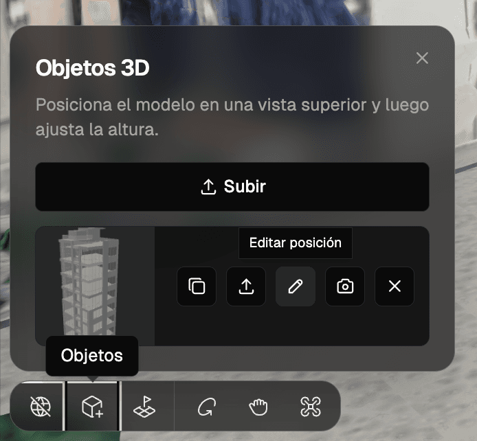 El panel 3D Objects — Edit position (el ícono de lápiz) reabre el gizmo de posicionamiento