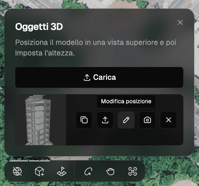 Il pannello 3D Objects — Edit position (l'icona della matita) riapre il gizmo di posizionamento