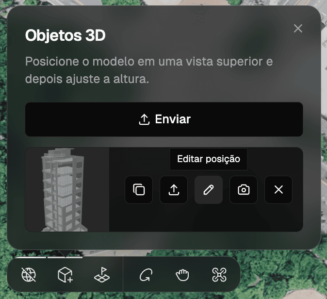 O painel 3D Objects — Edit position (o ícone de lápis) reabre o gizmo de posicionamento
