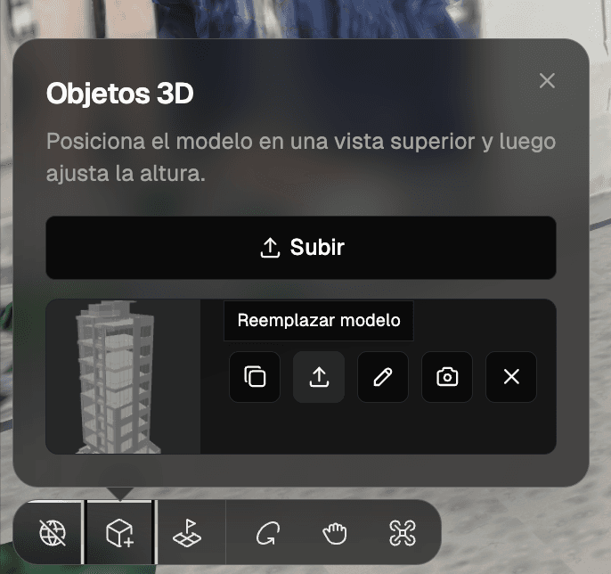 El panel 3D Objects — el ícono de subir junto a un modelo es Replace model