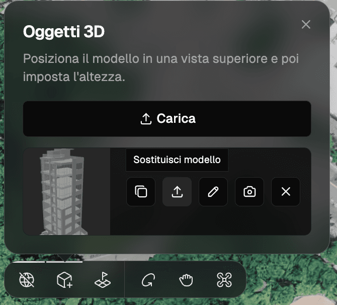 Il pannello 3D Objects — l'icona di caricamento accanto a un modello è Replace model
