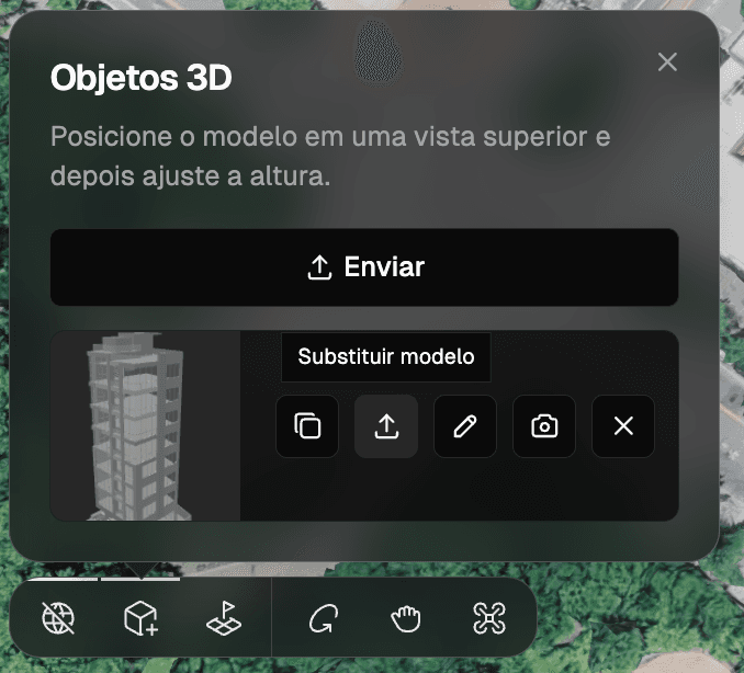 O painel 3D Objects — o ícone de upload ao lado de um modelo é Replace model