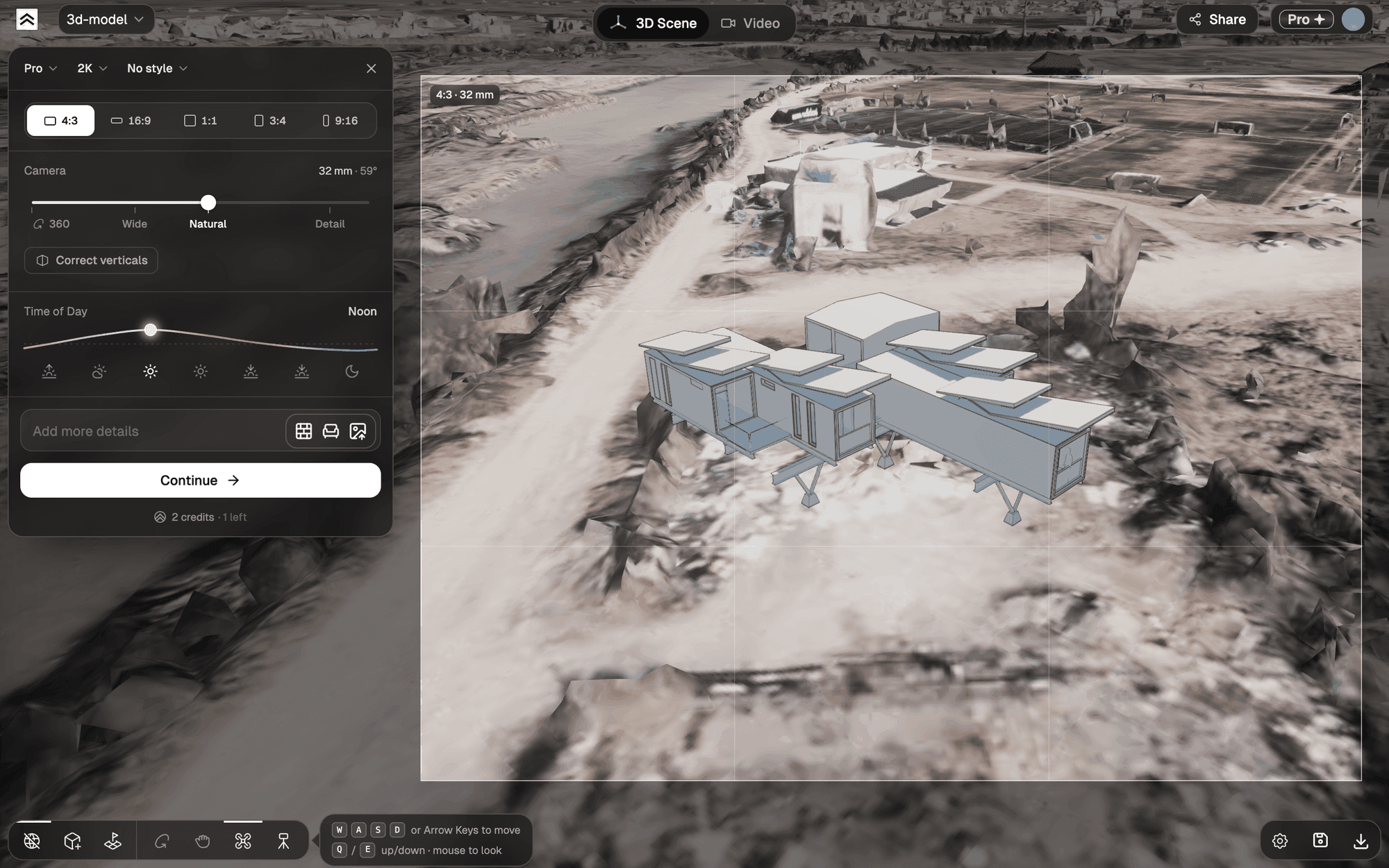 Shot setup: the render panel on the left, the live 3D view with the frame and grid on the right