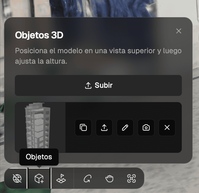 Abre el panel 3D Objects y haz clic en Upload para agregar otro modelo
