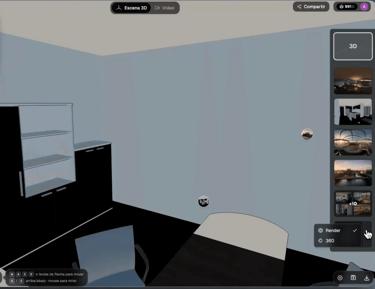 The Render / 360 split button with the 360 option in the menu
