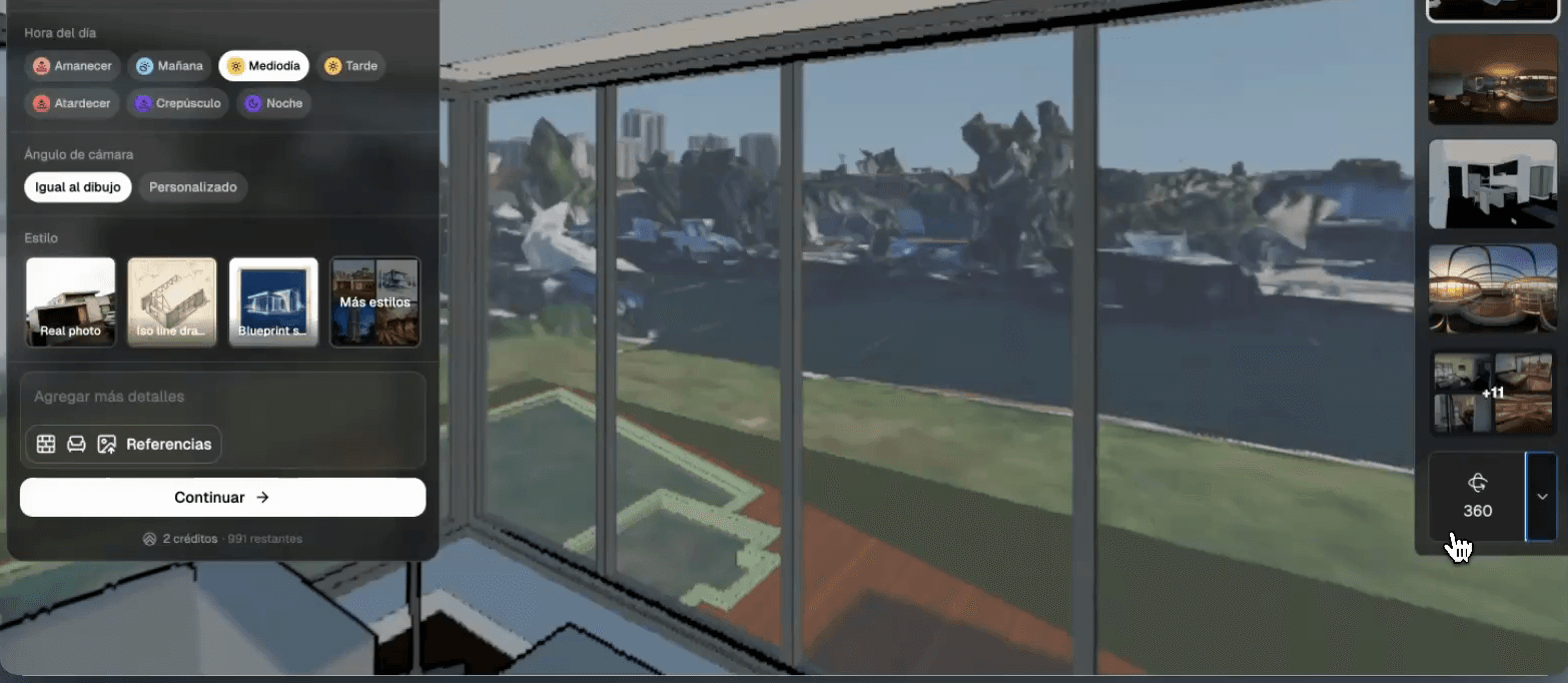 360 render settings — Time of Day, Camera Angle and Style