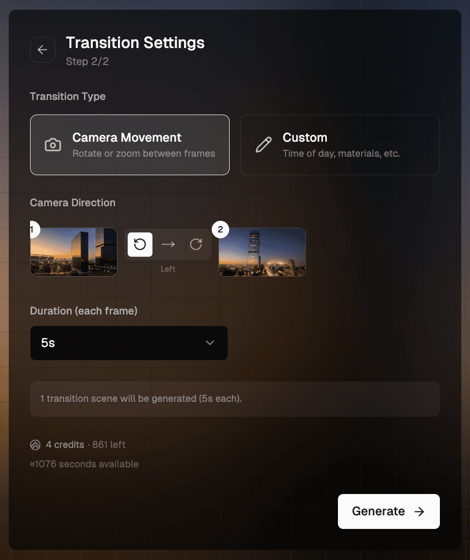 Transition Settings com Camera Movement selecionado e o controle Camera Direction