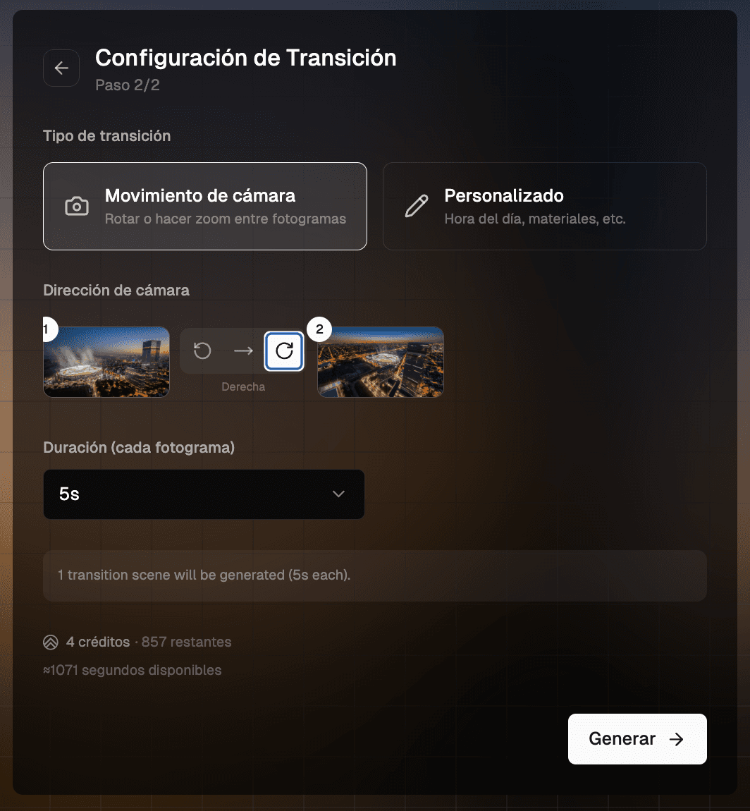 Configuración de la transición con Movimiento de cámara y el control de dirección de cámara