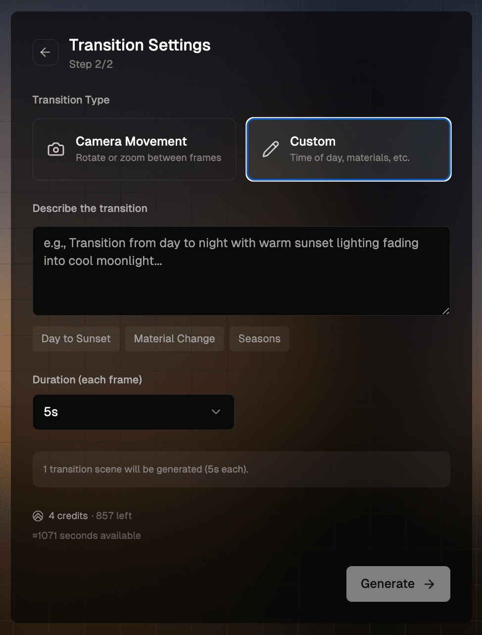 Transition Settings com Custom selecionado, com a caixa de descrição e os presets