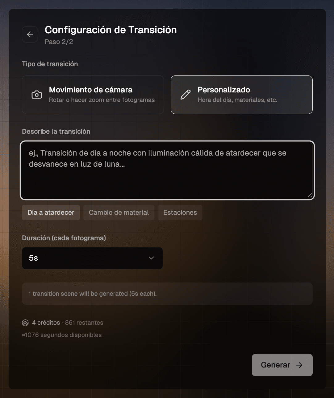 Configuración de la transición con Personalizado, con el cuadro para describir y los presets