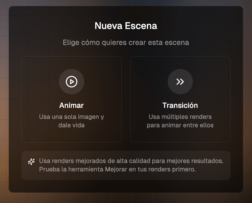 Nueva escena: Animar o Transición