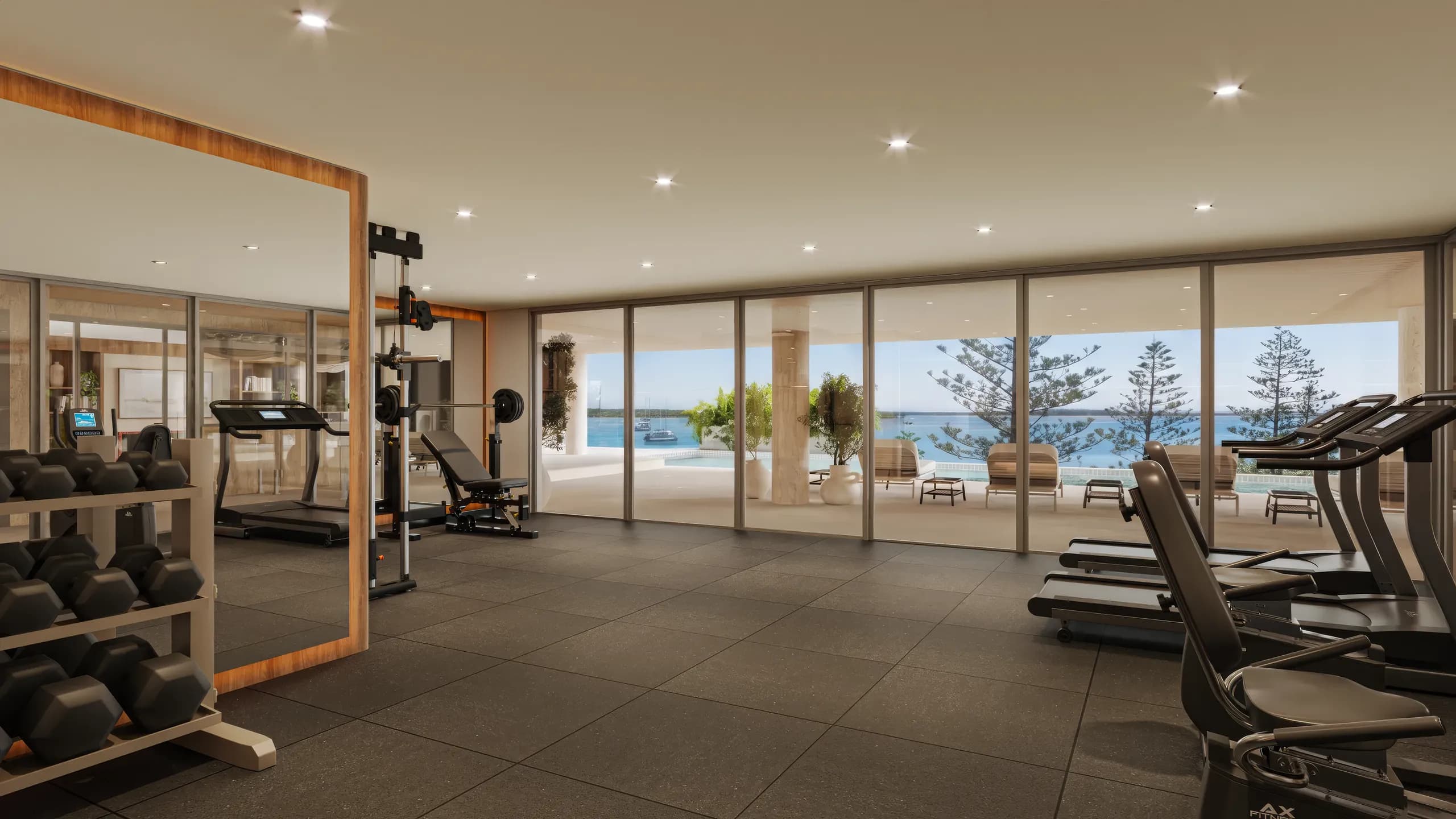 Residents' gym with sea views