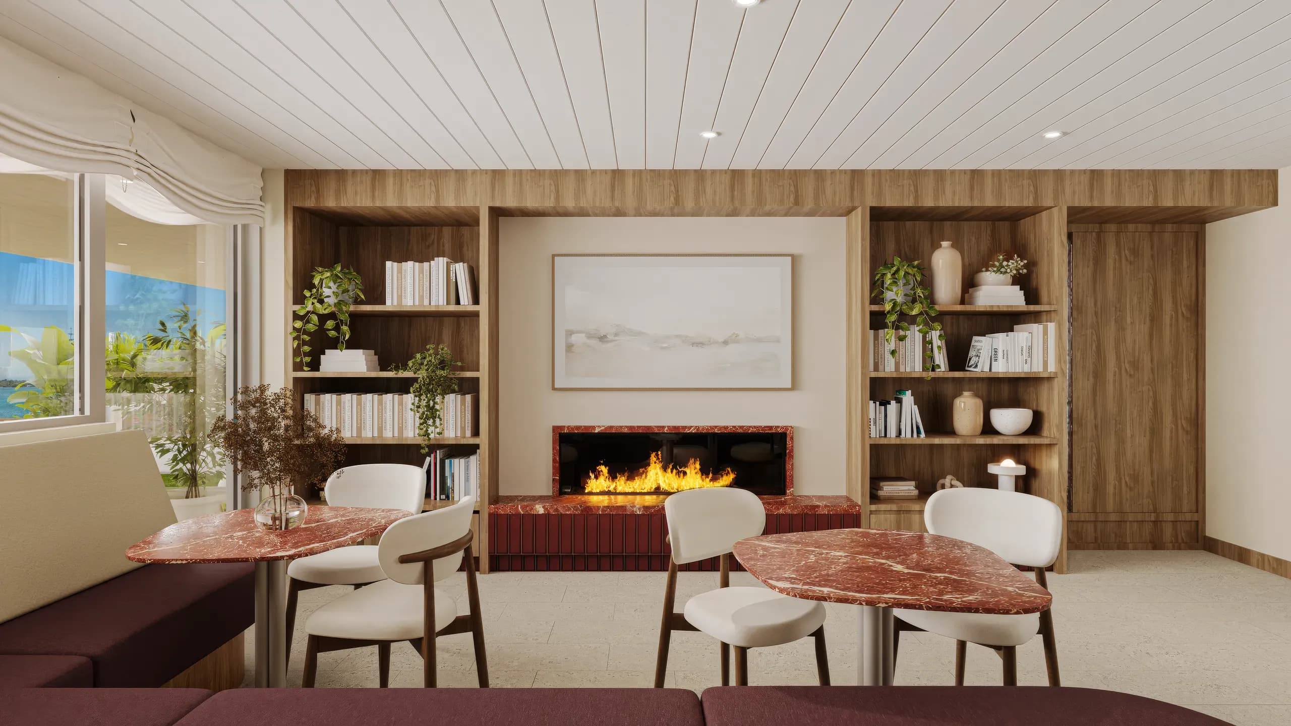 Residents' lounge with a fireplace and built-in shelving
