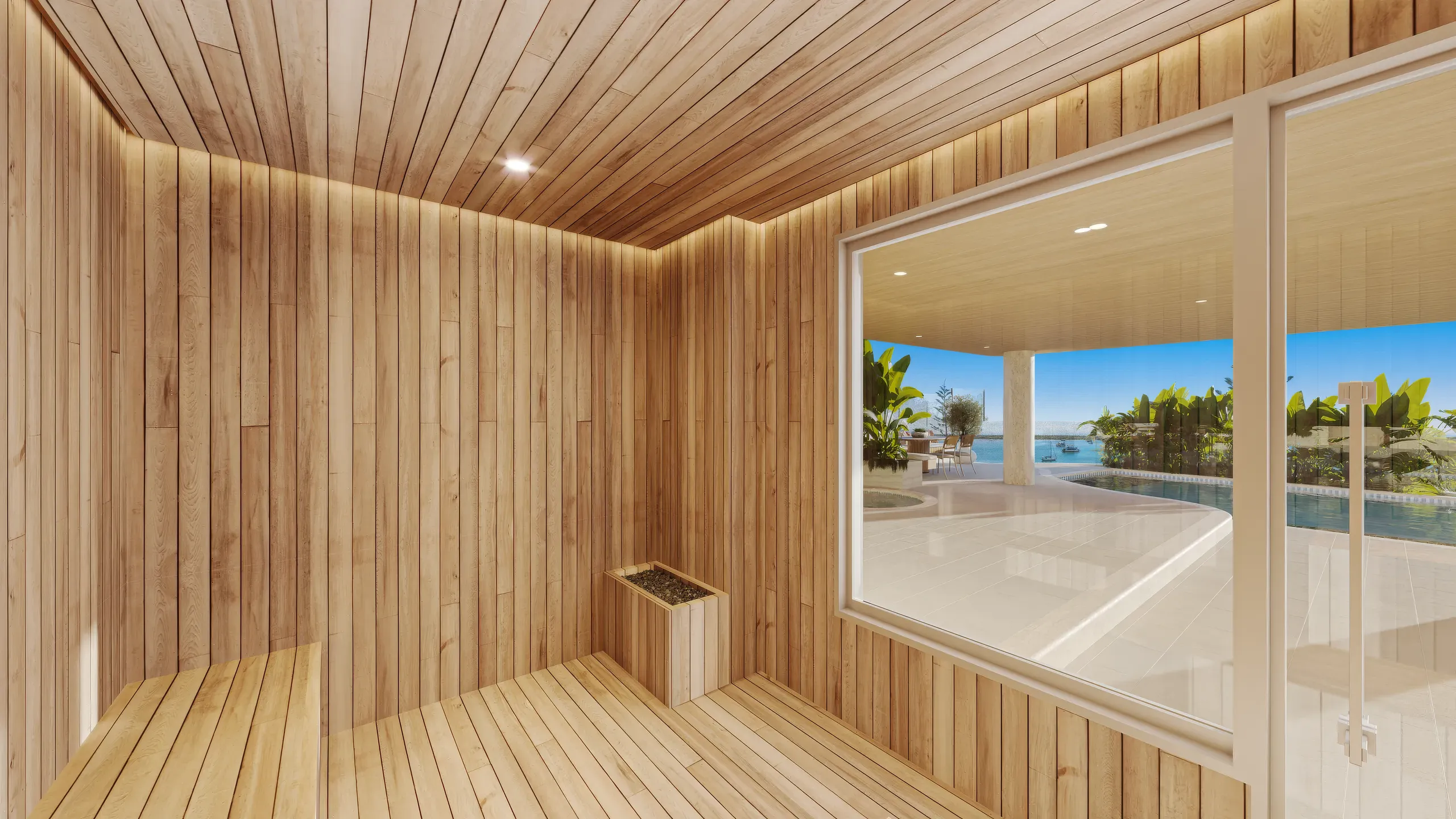 Timber sauna with a window toward the pool
