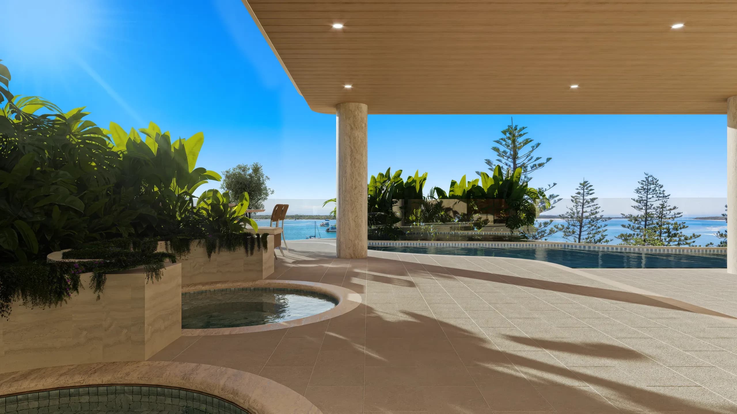 Plunge pools in a sunlit travertine spa courtyard
