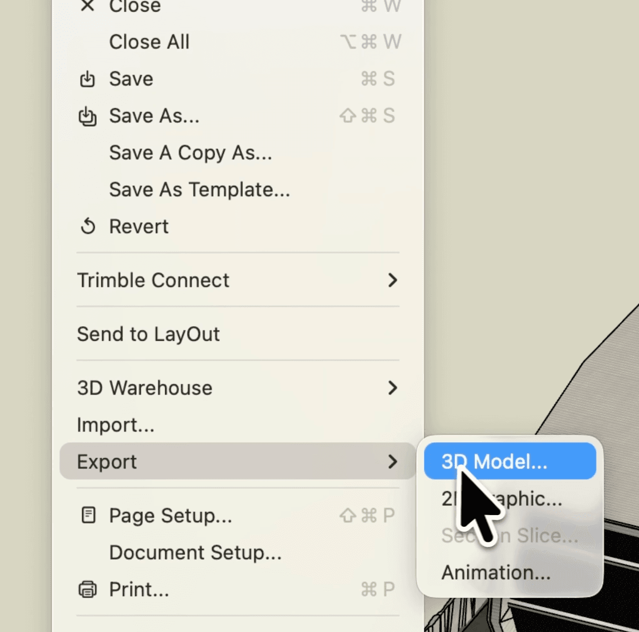 SketchUp — File → Export → 3D Model