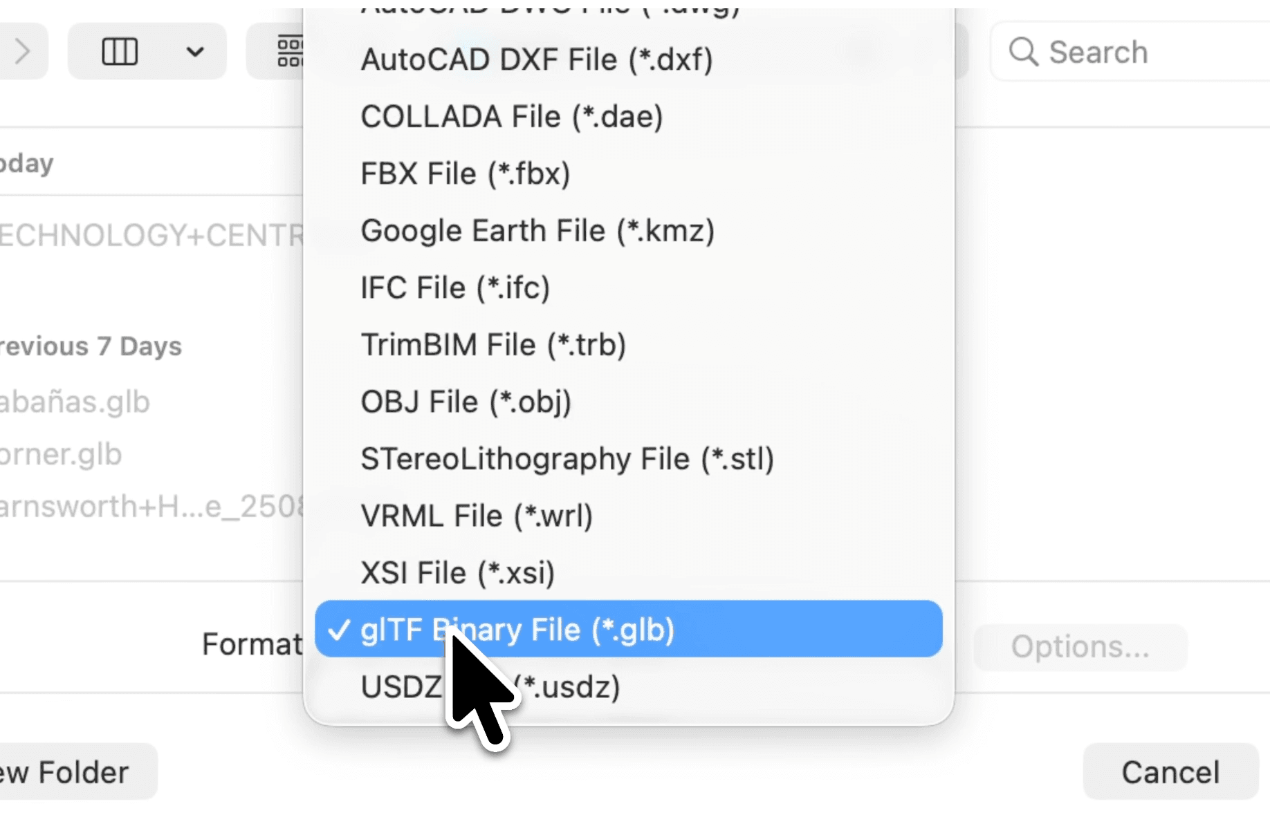 Choosing glTF Binary File (.glb) in the SketchUp export dialog