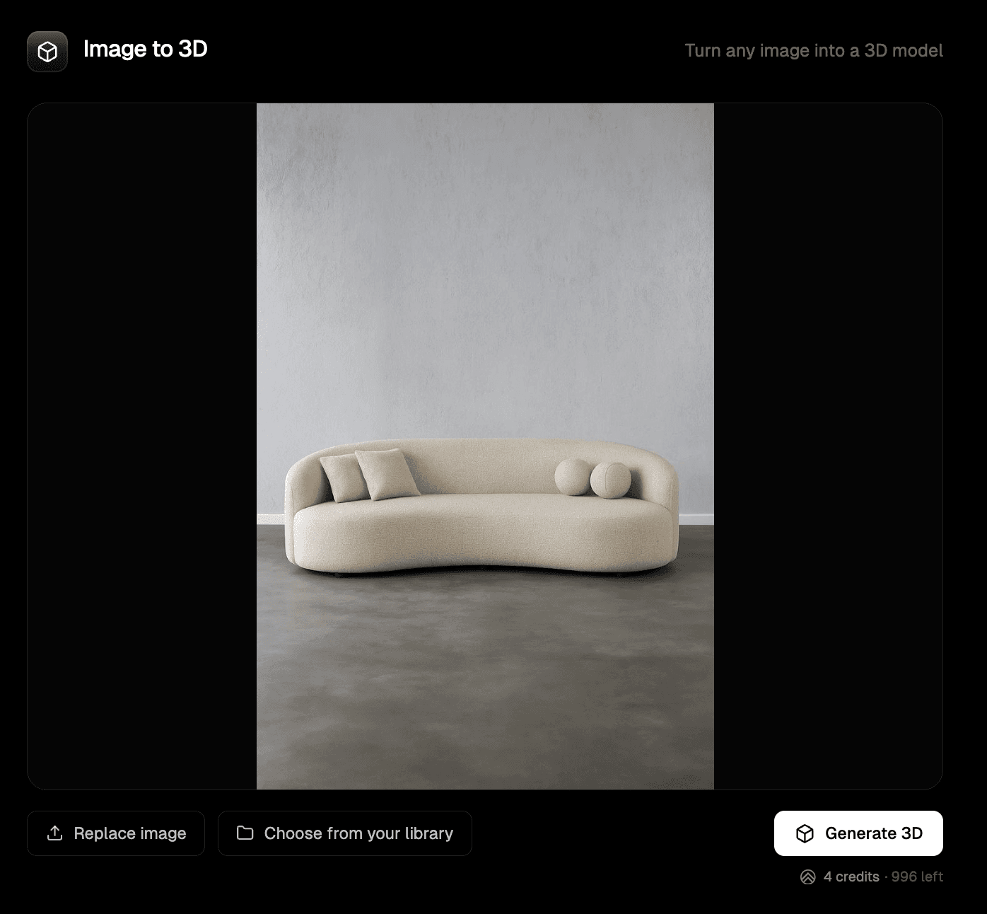 Source sofa image loaded in the Image to 3D tool