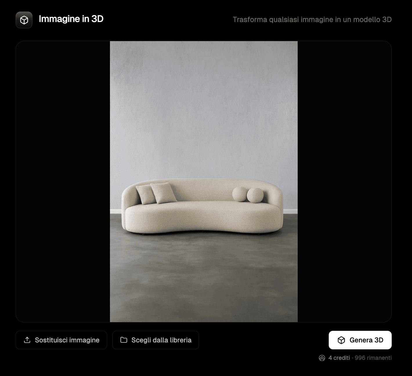 Immagine sorgente del divano caricata nello strumento Image to 3D