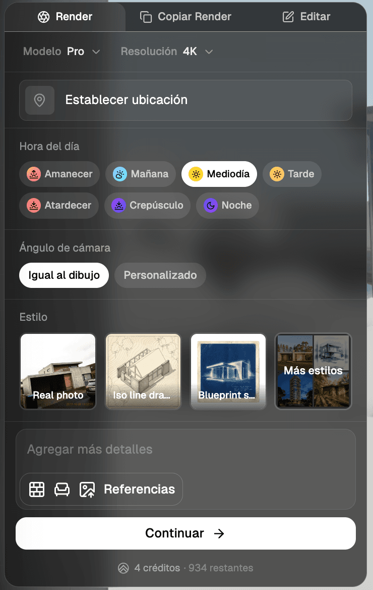 Painel de configuração de render com modelo, luz, câmera e estilo