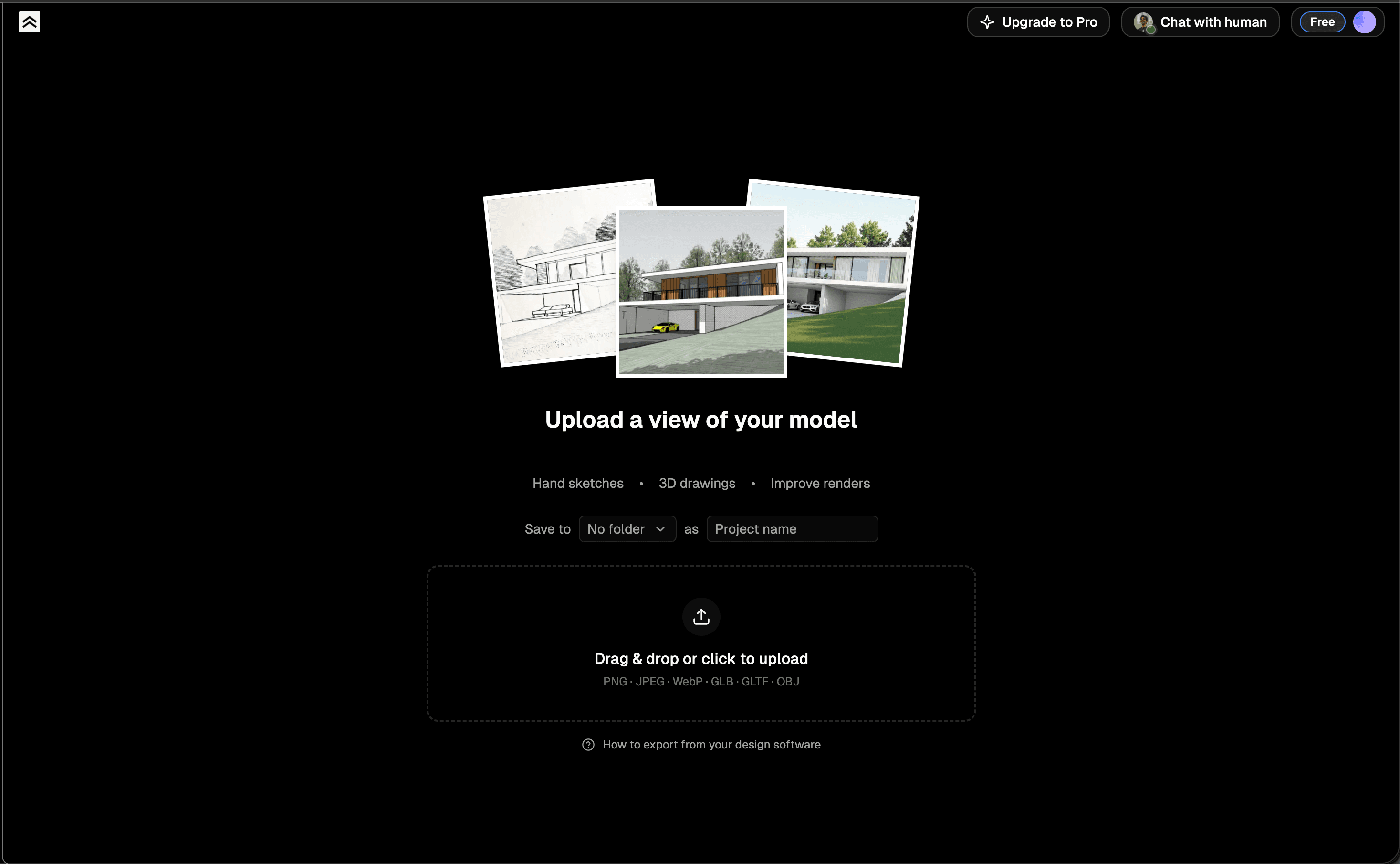 Tela de upload com formatos de imagem e modelo 3D aceitos