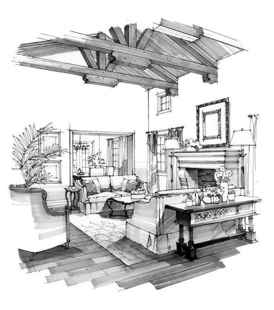 Croquis interior usado como entrada para un render arquitectónico con IA