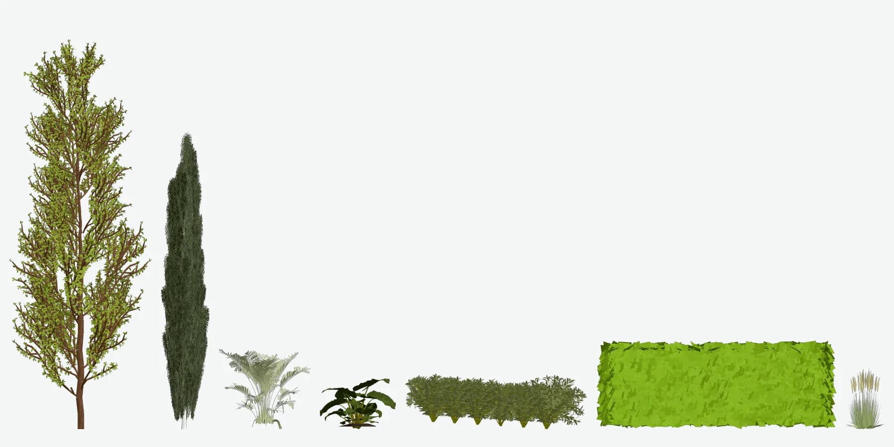 The seven tree and plant models included in the SketchUp download