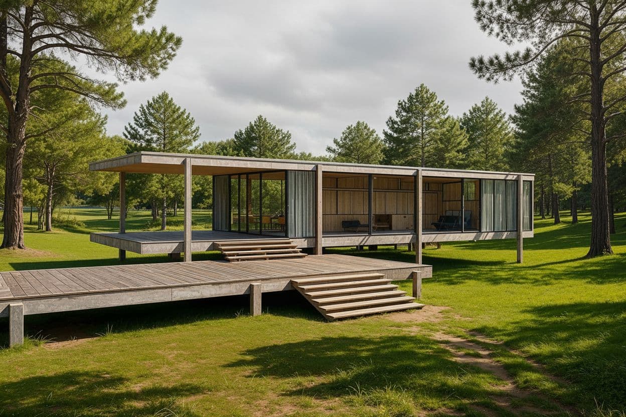 The same pavilion rendered on an overcast summer day
