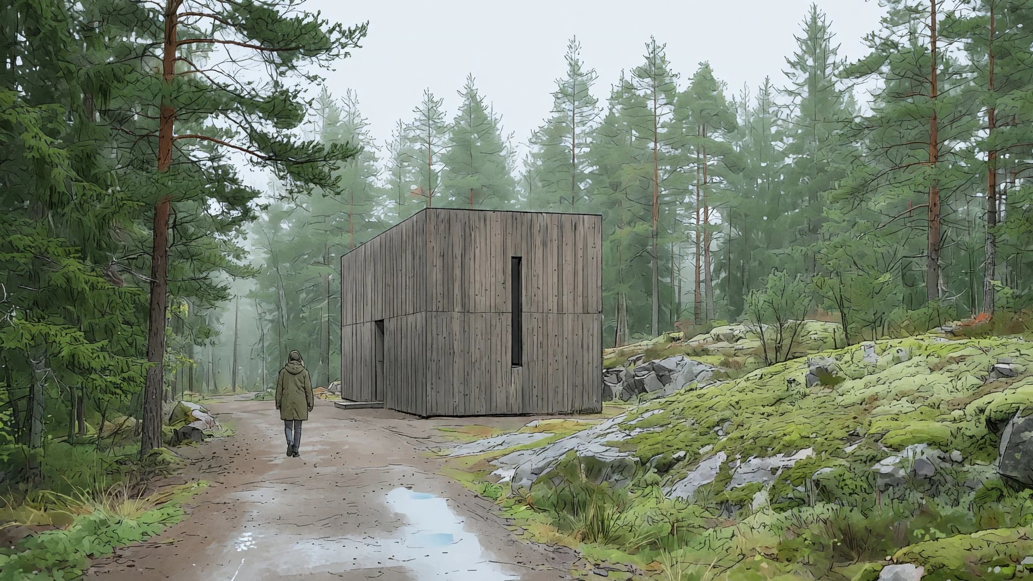 Line drawing of a concrete chapel before rendering