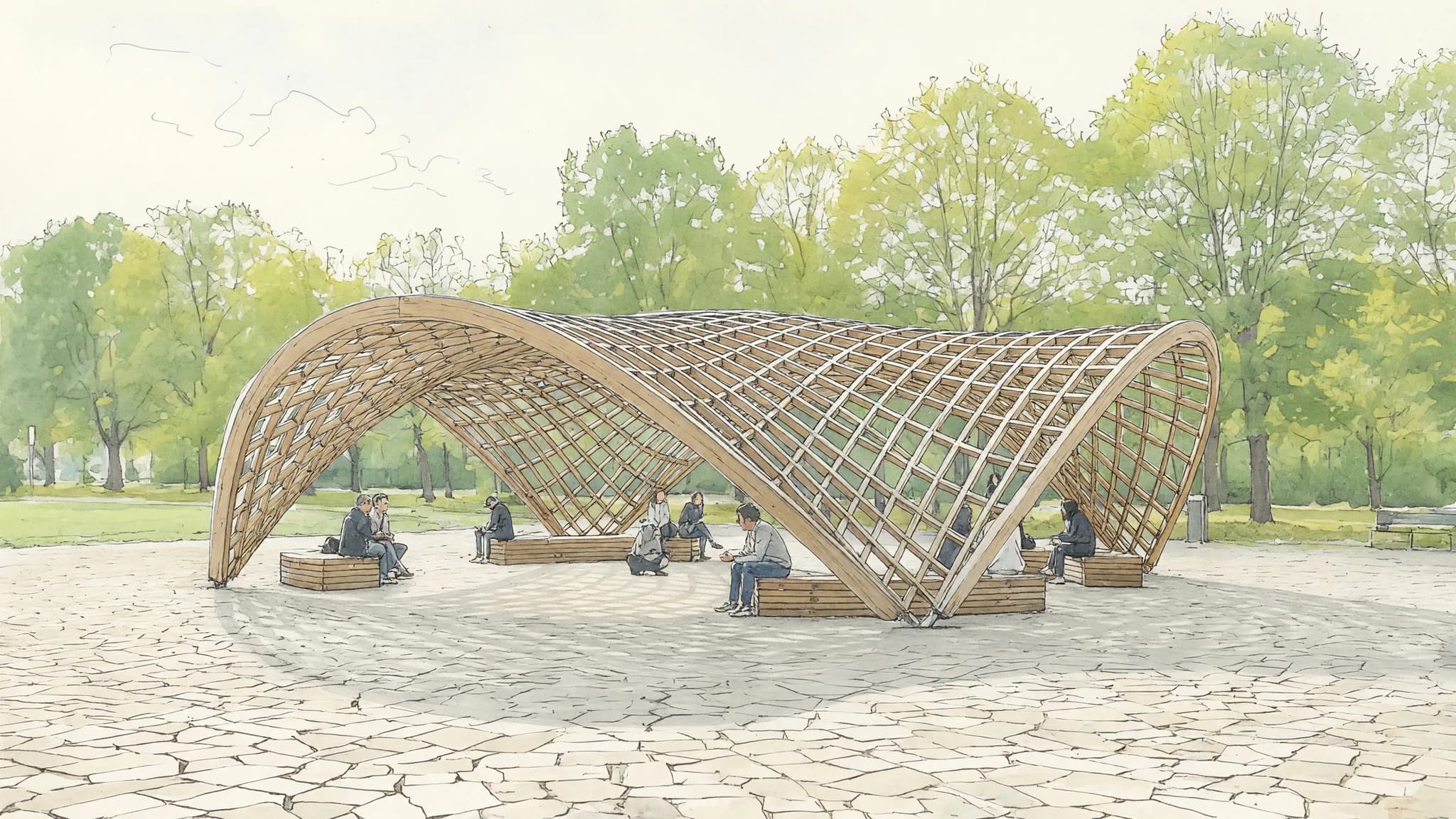 Line drawing of a parametric timber pavilion before rendering