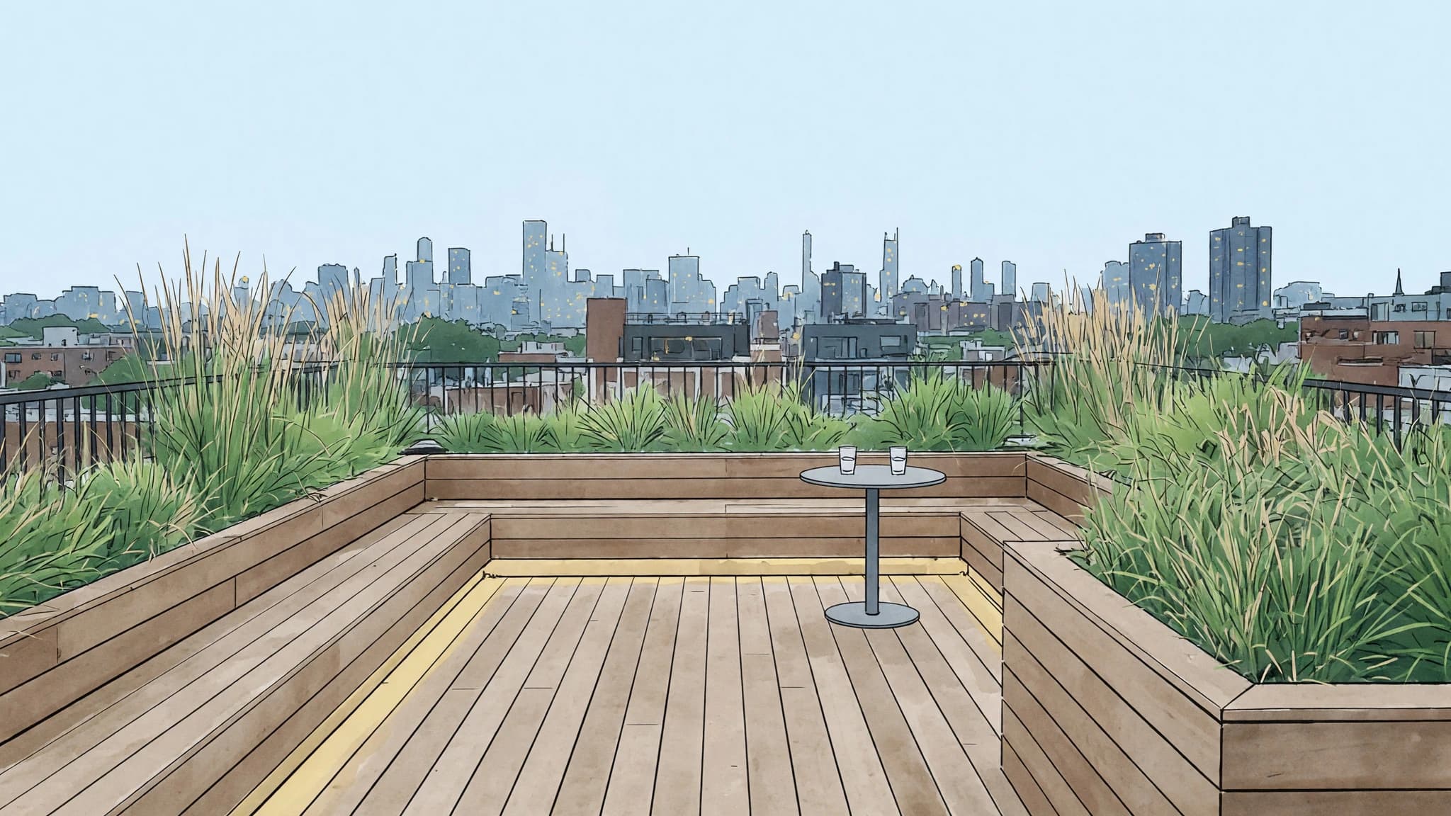 Boceto de terraza urbana antes de explorar un jardín en terraza con IA