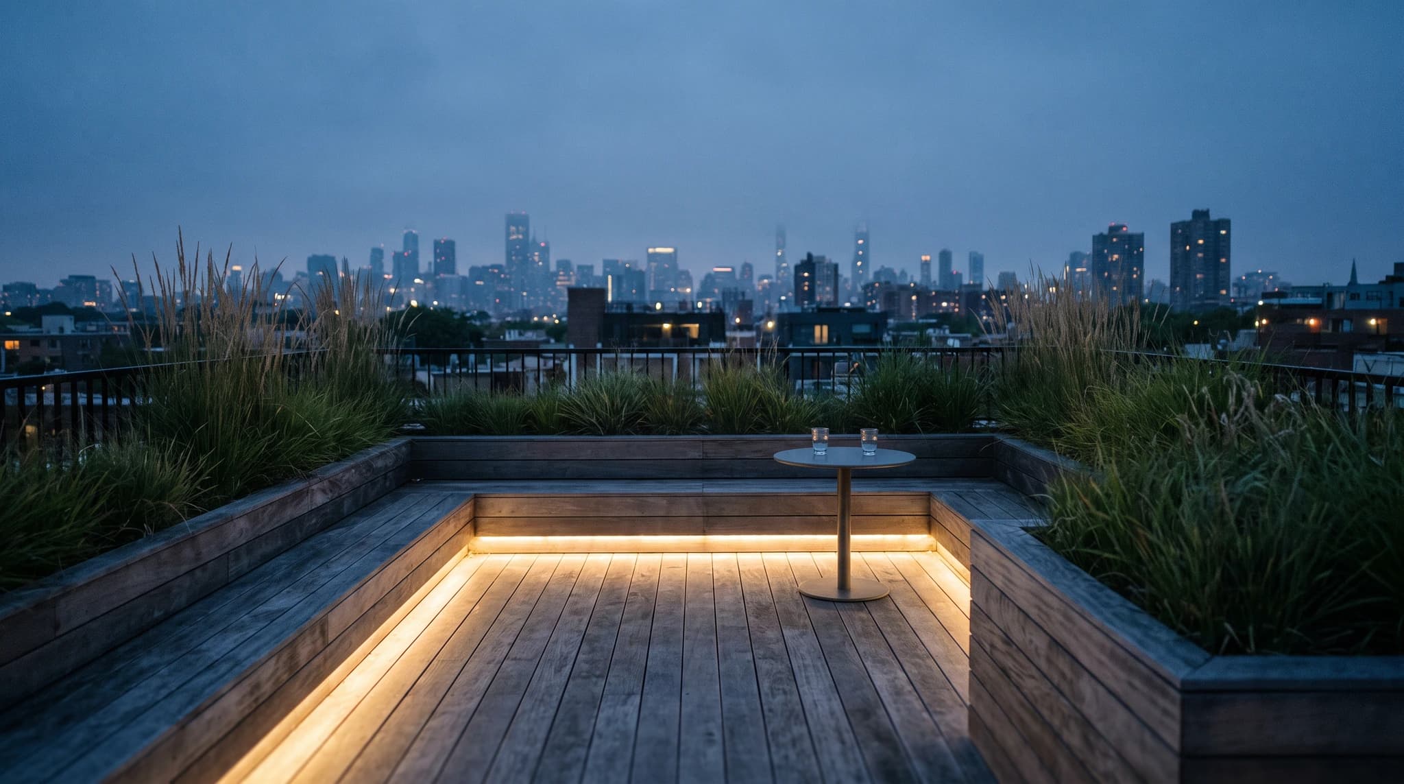 Concepto de terraza jardín con jardineras, gramíneas e iluminación cálida