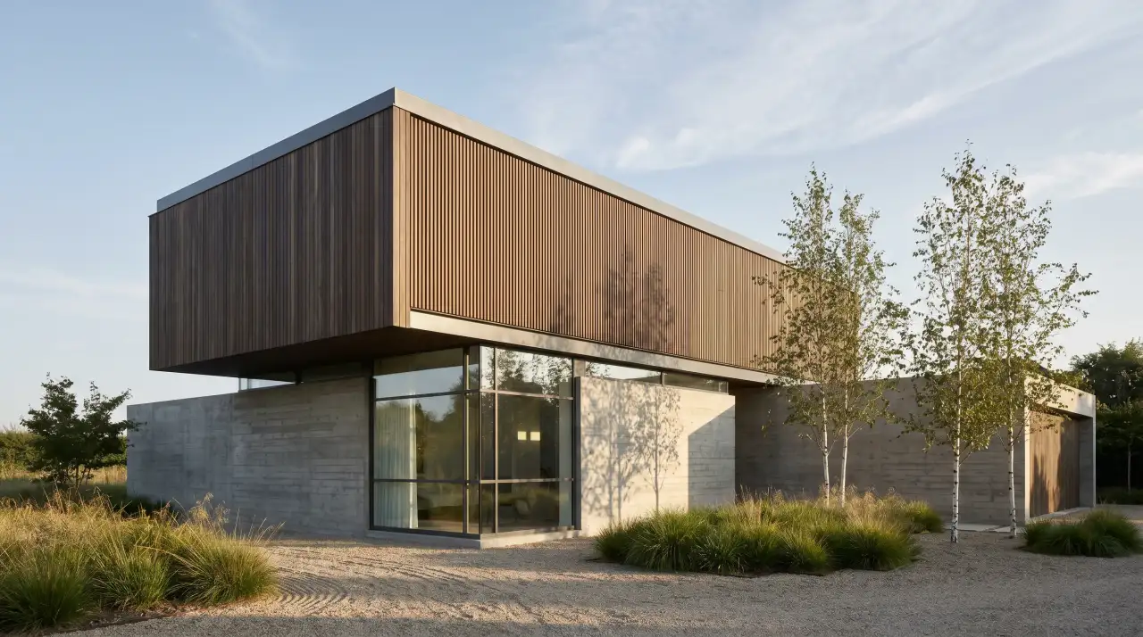 Modern house with a timber-clad upper volume cantilevered over board-formed concrete walls, birch trees and ornamental grasses